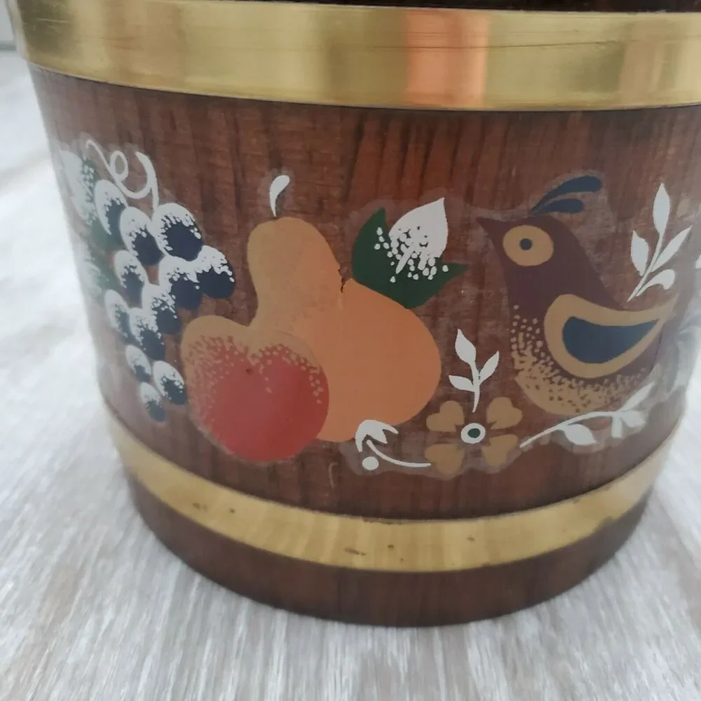 Vintage Ice Bucket Wood Brass Barrel Shape Barware Rustic Decor